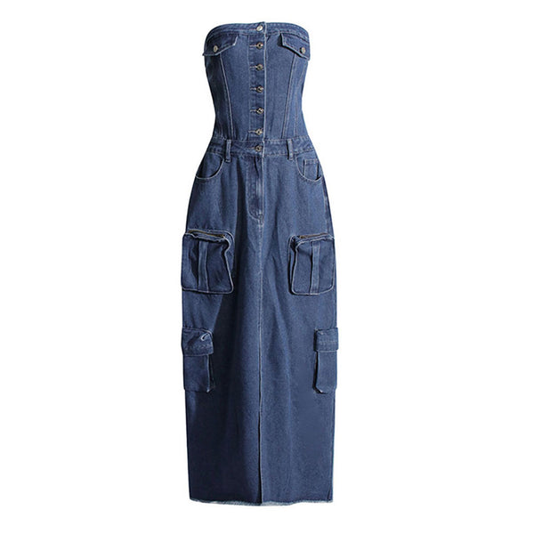 Street Button Front Strapless High Waist Split Cargo Pocket Midi Denim Dress