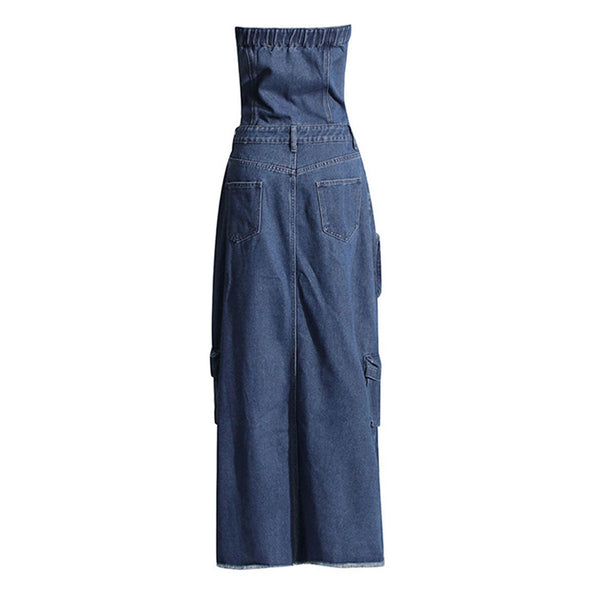 Street Button Front Strapless High Waist Split Cargo Pocket Midi Denim Dress