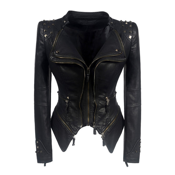 Street Metal Rivet Double Zip Up Long Sleeve Vegan Leather Biker Jacket