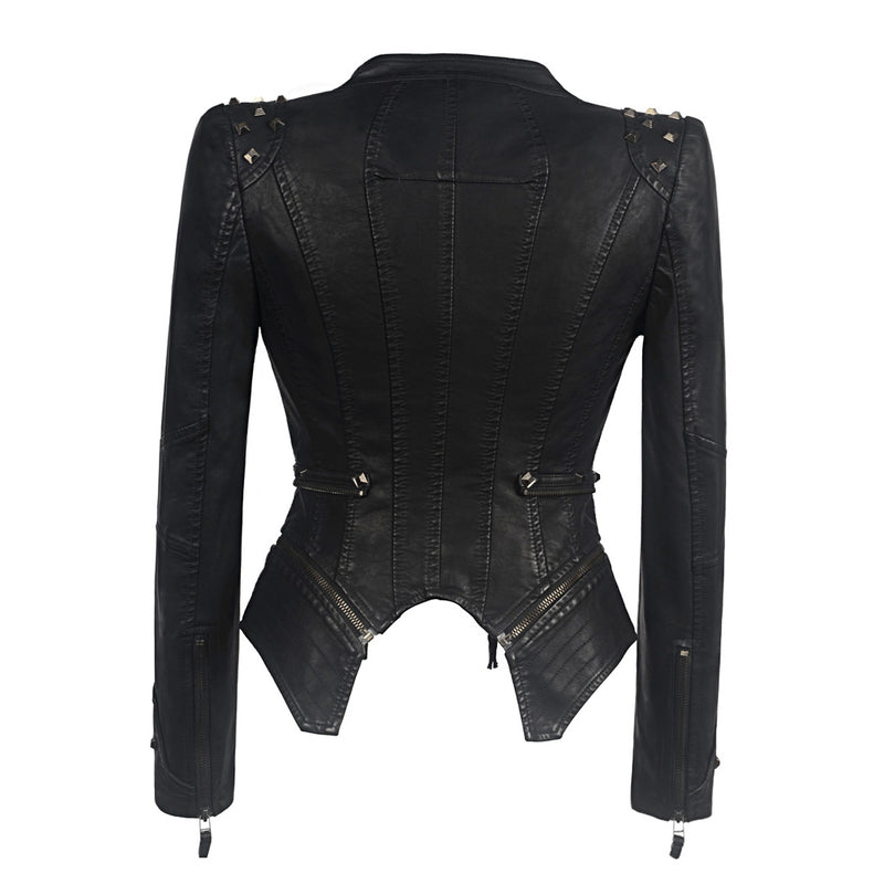 Street Metal Rivet Double Zip Up Long Sleeve Vegan Leather Biker Jacket