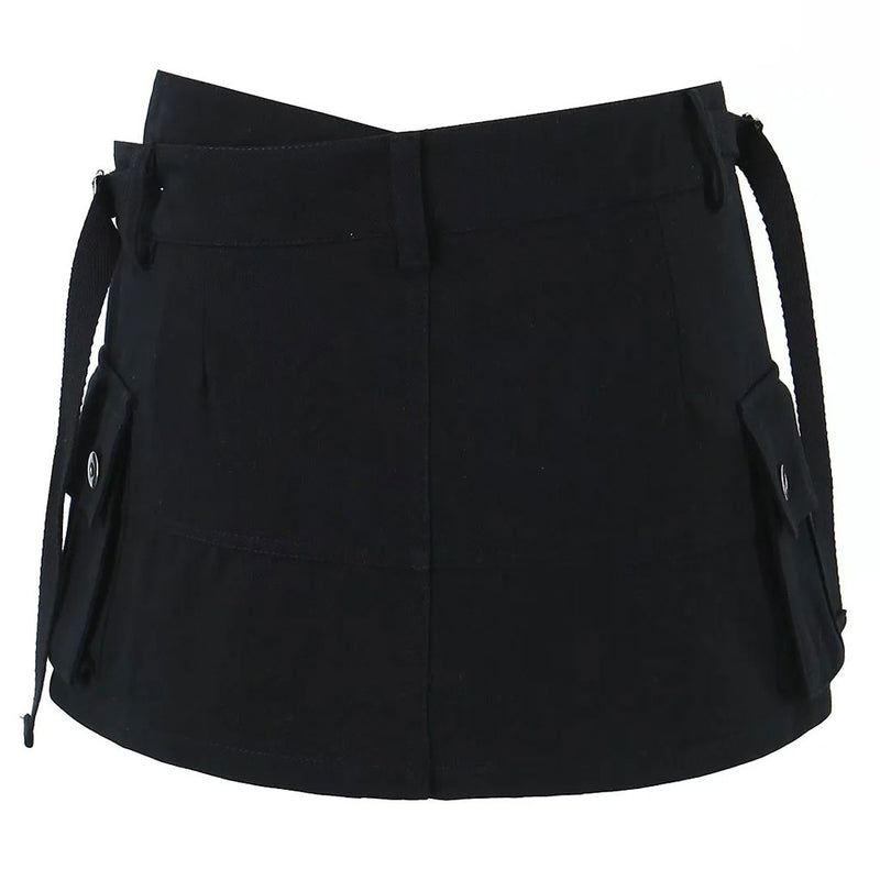 Street Style Asymmetric Strappy Solid Color Studded Cargo Pocket Mini Skort