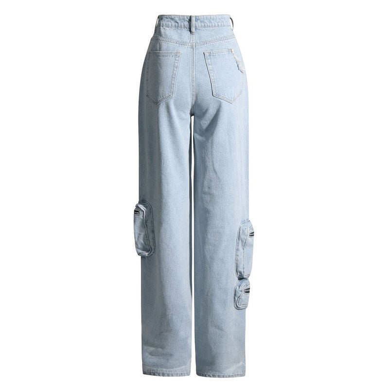 Street Style Multiple Pocket Wide Leg High Waist Cargo Jeans