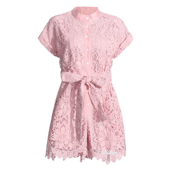 Summer Mock Neck Short Sleeve Button Up Belted Broderie Anglaise Romper