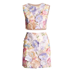 Sweet Floral Embroidery Applique Sleeveless High Waist Skirt Matching Set