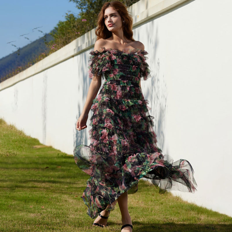 Sweet Floral Print Off Shoulder Short Sleeve Ruffle Tier Layered Tulle Maxi Dress