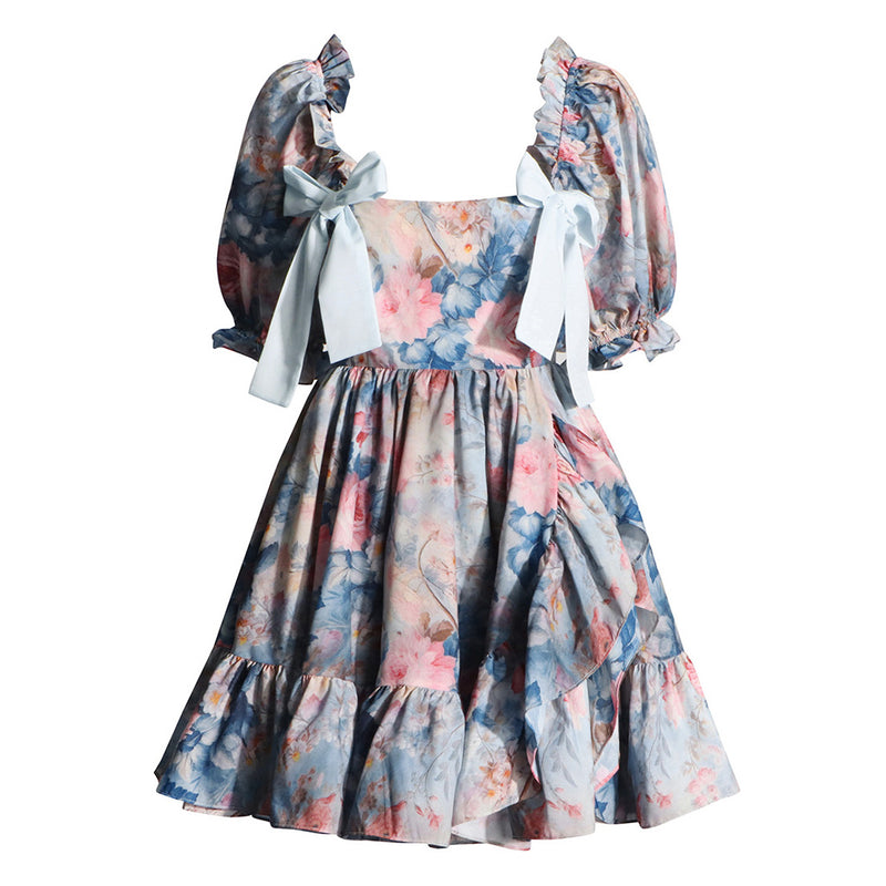 Sweet Floral Print Square Neck Puff Sleeve Ruffle Flared Bow Trim Mini Dress