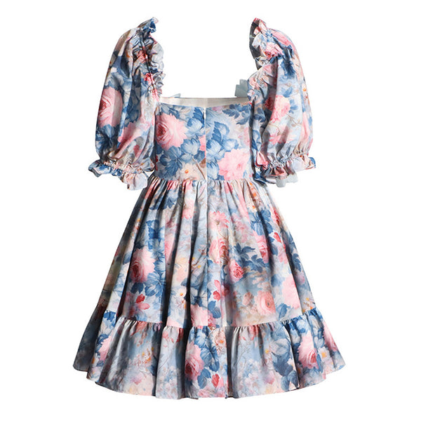 Sweet Floral Print Square Neck Puff Sleeve Ruffle Flared Bow Trim Mini Dress