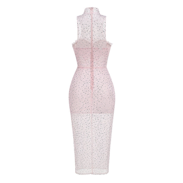 Sweet High Neck Bustier Sleeveless Sheer Rhinestone Mesh Midi Dress