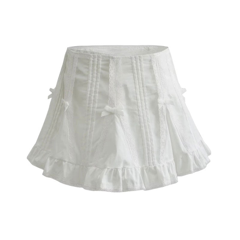 Sweet Lace High Waist Bow Trim Pleated Ruffled Godet Micro Mini Skirt