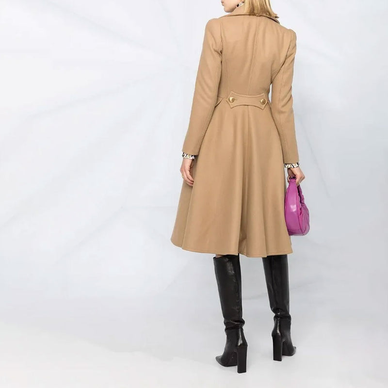 Sweet Notched Lapel Double Breasted Fit and Flare Long Sleeve Wool Blend Coat