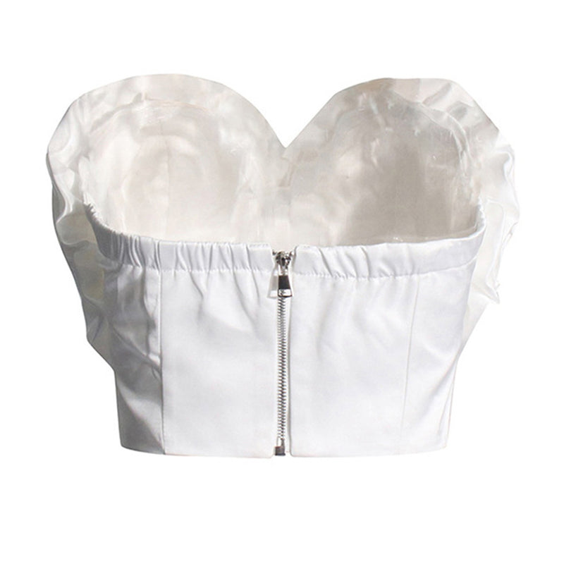 Swirling Rosette Applique Sweetheart Neck Silky Satin Crop Tube Top