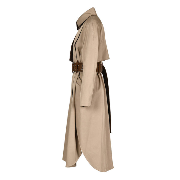 Tasteful Scarf Collared Long Sleeve Belted Cargo Pocket Leather Hybrid Trench Coat