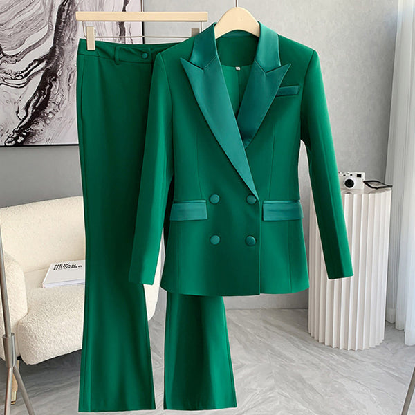 Trendy Flare Leg Suit Pant Satin Lapel Double Breasted Blazer Matching Set