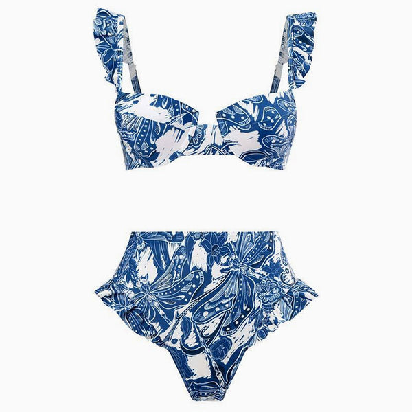 Tropical Print Mid Waist Cheeky Ruffled Push Up Underwire Bralette Bikini Set