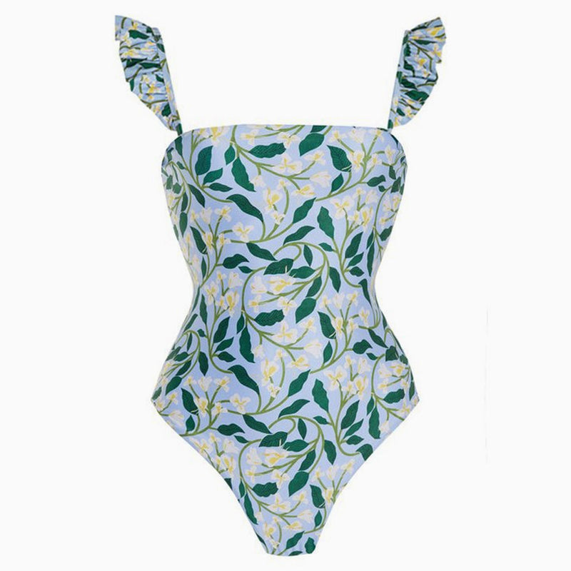 Tropical Print Moderate Ruffled Strap Square Neck One Piece Swimsuit