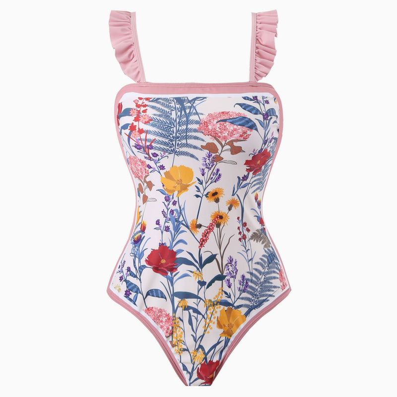 Tropical Print Moderate Ruffled Strap Square Neck One Piece Swimsuit