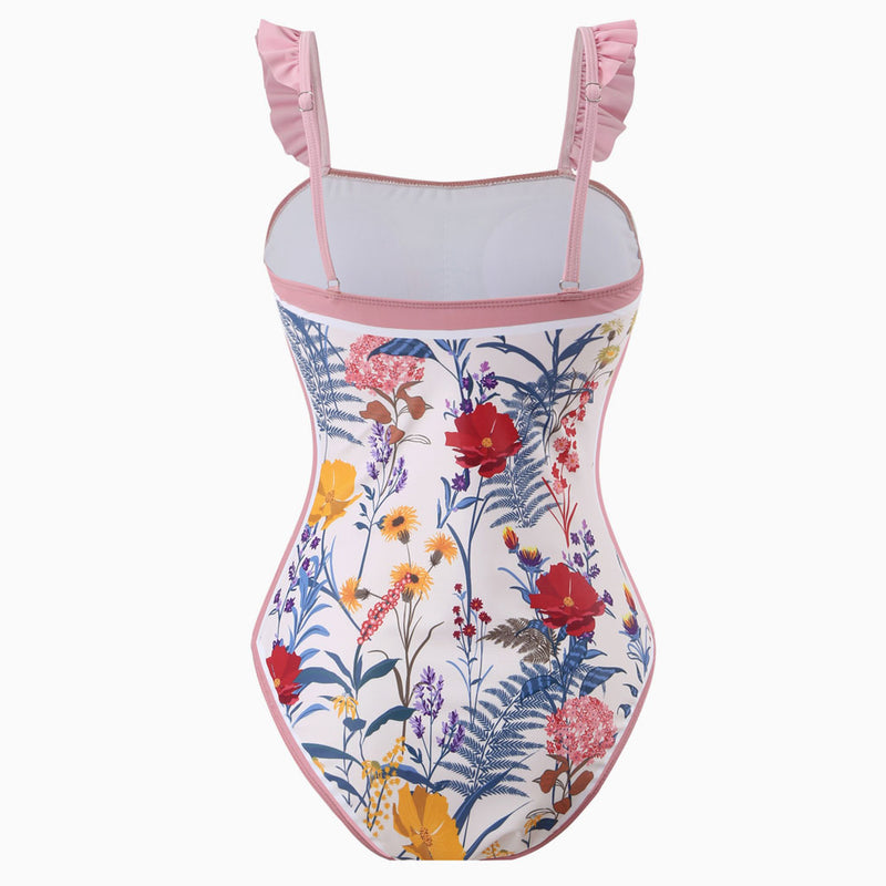 Tropical Print Moderate Ruffled Strap Square Neck One Piece Swimsuit