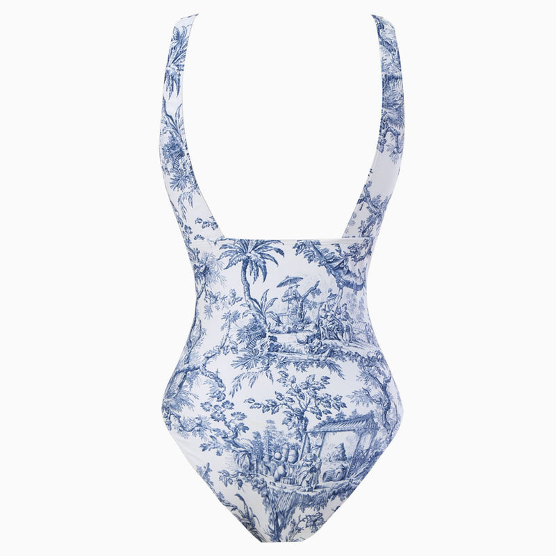 Tropical Print Moderate Twist Knot Cutout Back V Neck One Piece Swimsuit