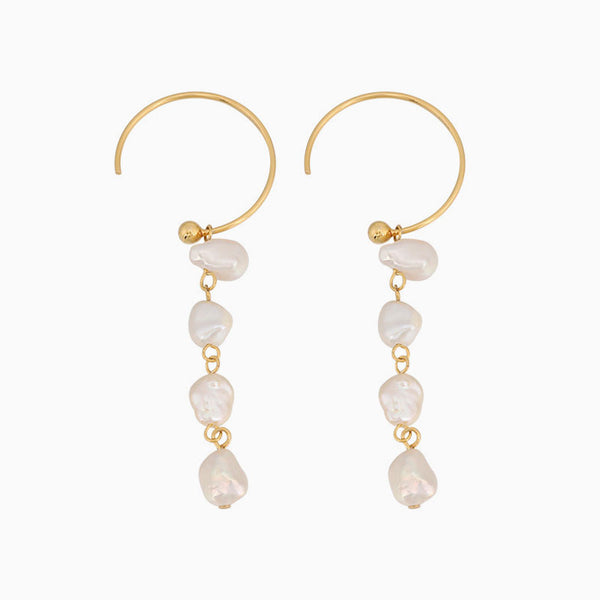 Two Tone Sterling Silver Plated Baroque Pearl C Hoop Linear Drop Earrings