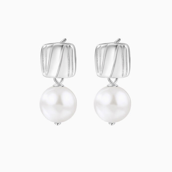 Two Tone Sterling Silver Plated Square Block Baroque Pearl Drop Earrings