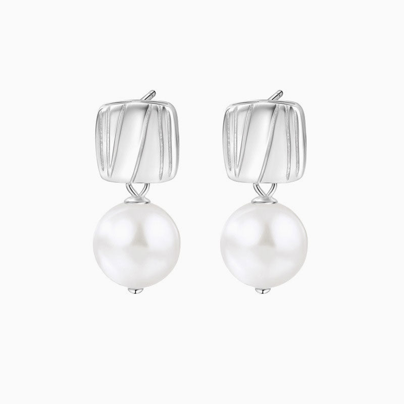 Two Tone Sterling Silver Plated Square Block Baroque Pearl Drop Earrings