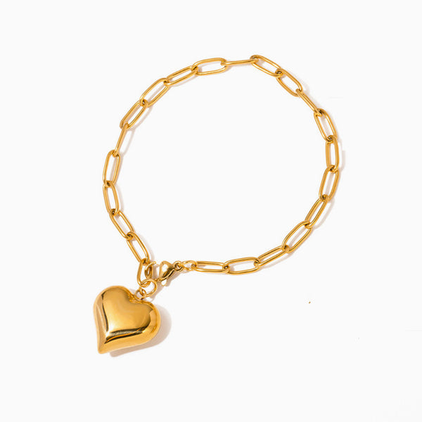 Unique 18K Gold Plated Puffy Heart Charm Paper Clip Chain Bracelet