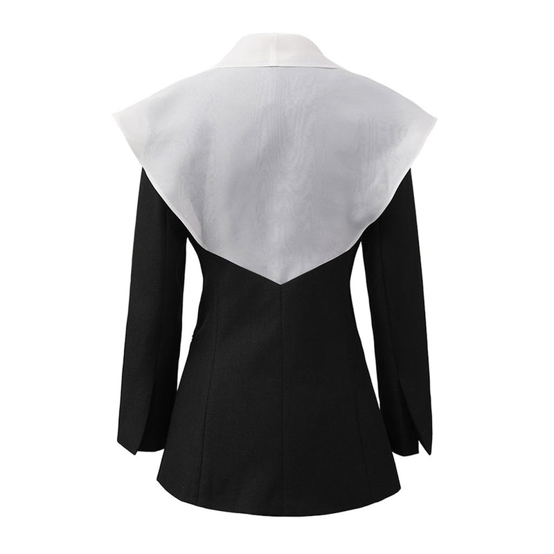 Unique Black and White Shawl Collar Long Sleeve Two Button Hybrid Jacket