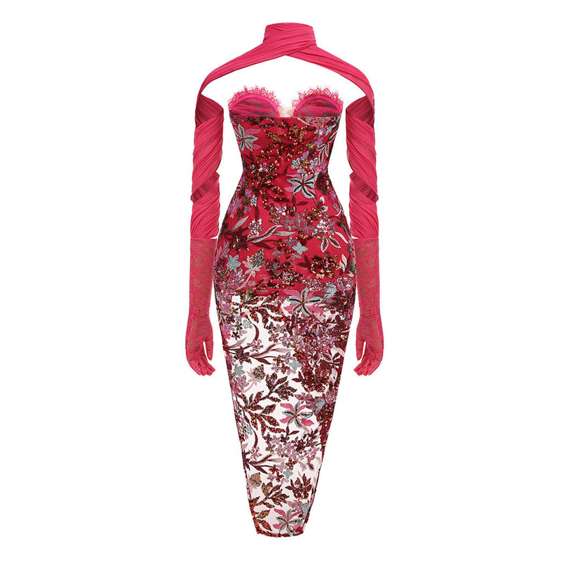 Unique Gloved Scarf Sequin Floral Embroidered Mesh Eyelash Strapless Midi Dress