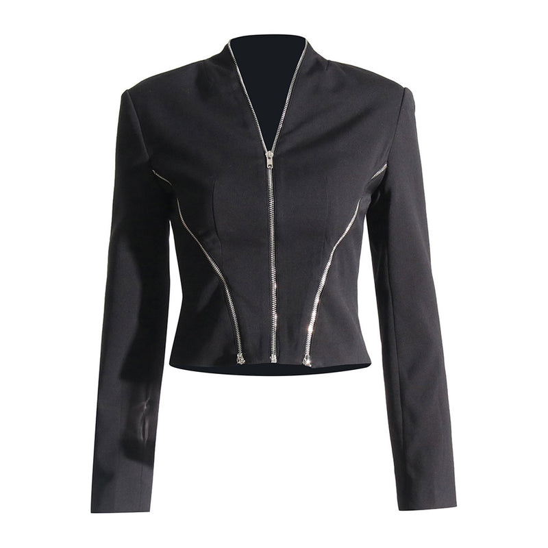 Unique Metallic Zip Up Collarless V Neck Padded Long Sleeve Crop Jacket