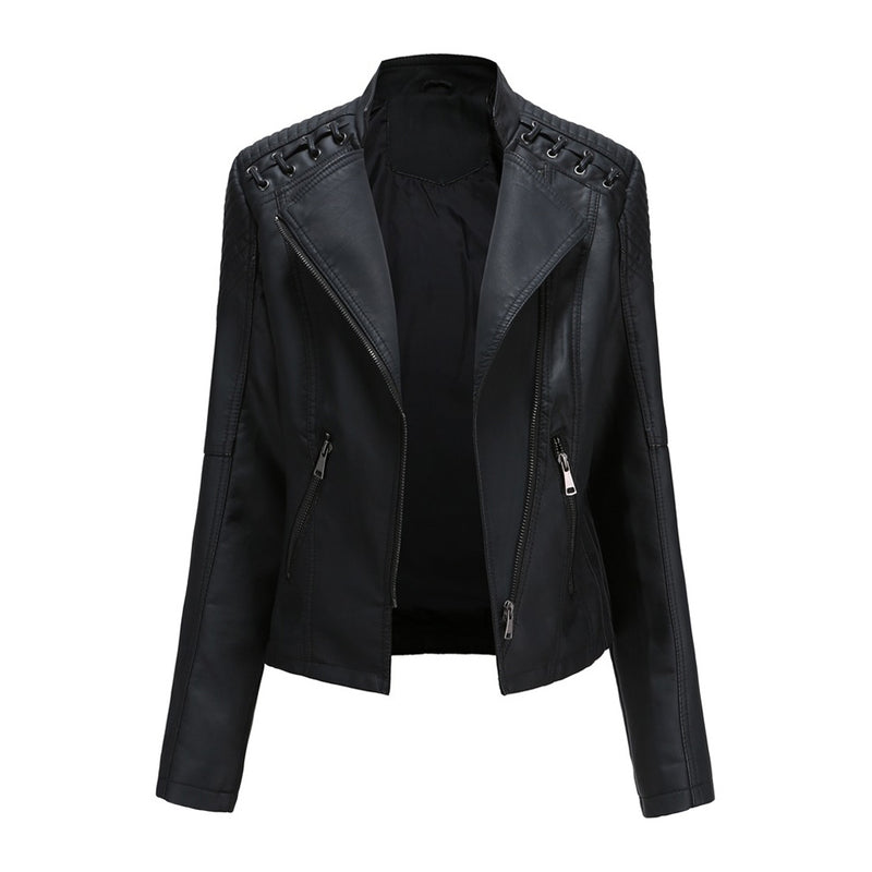 Unique Whipstitch Stand Collar Zip Up Tailored Vegan Leather Biker Jacket