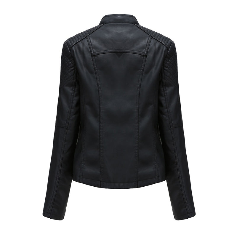 Unique Whipstitch Stand Collar Zip Up Tailored Vegan Leather Biker Jacket