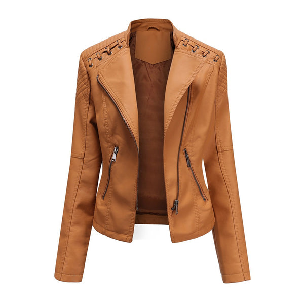 Unique Whipstitch Stand Collar Zip Up Tailored Vegan Leather Biker Jacket