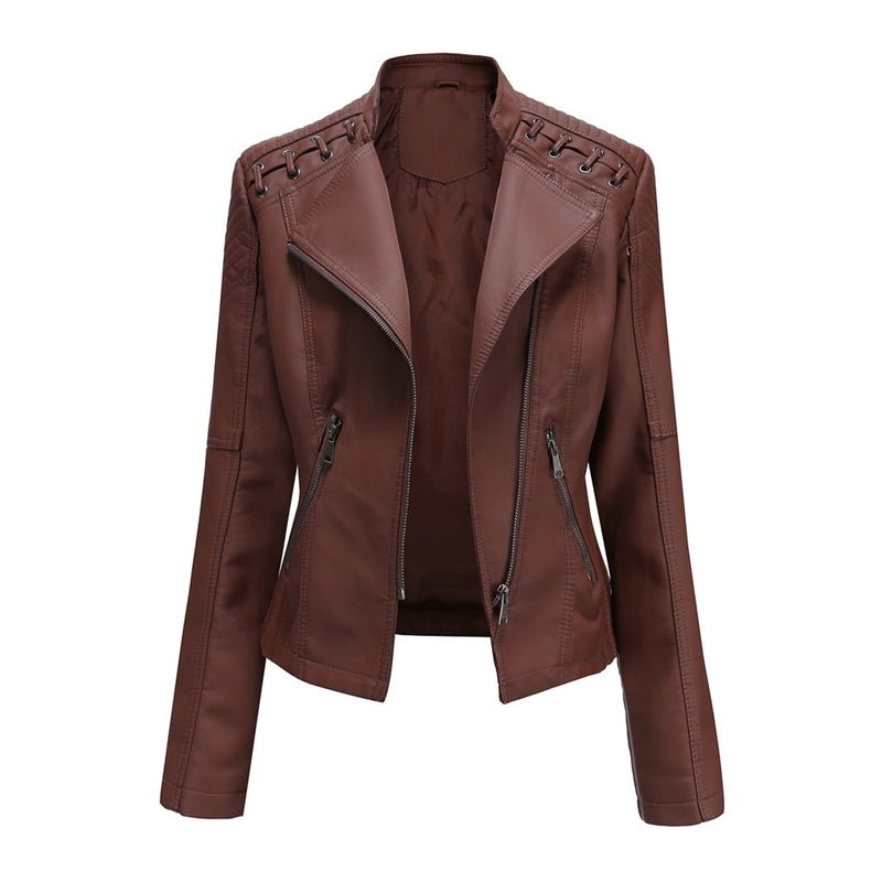 Unique Whipstitch Stand Collar Zip Up Tailored Vegan Leather Biker Jacket