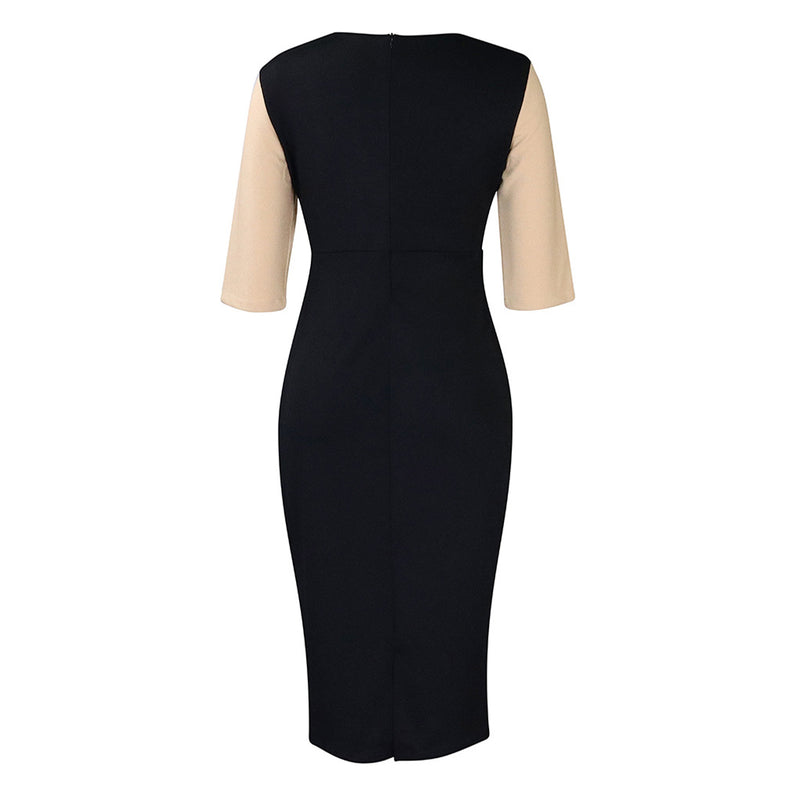 Versatile Crew Neck Half Sleeve Contrast Color Panel Bodycon Midi Dress