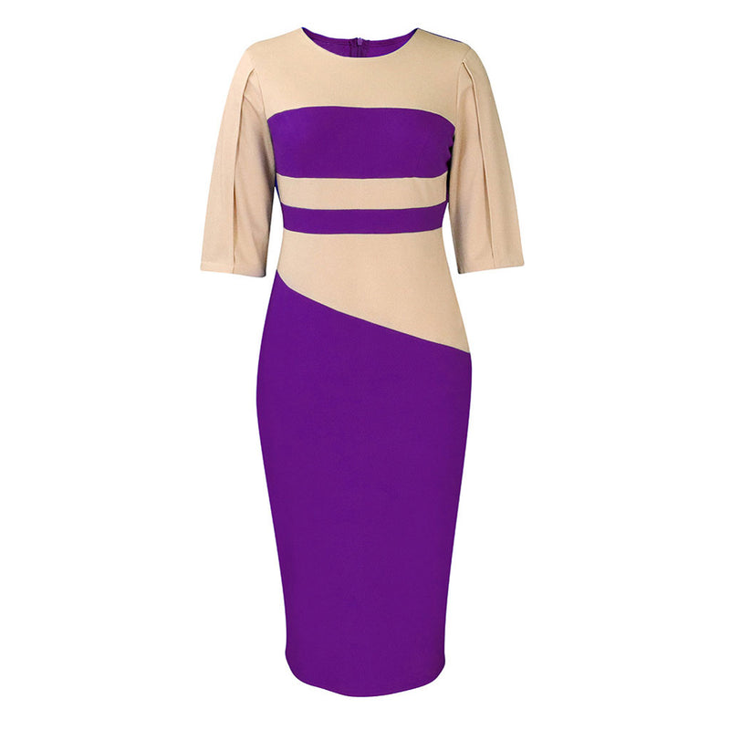 Versatile Crew Neck Half Sleeve Contrast Color Panel Bodycon Midi Dress