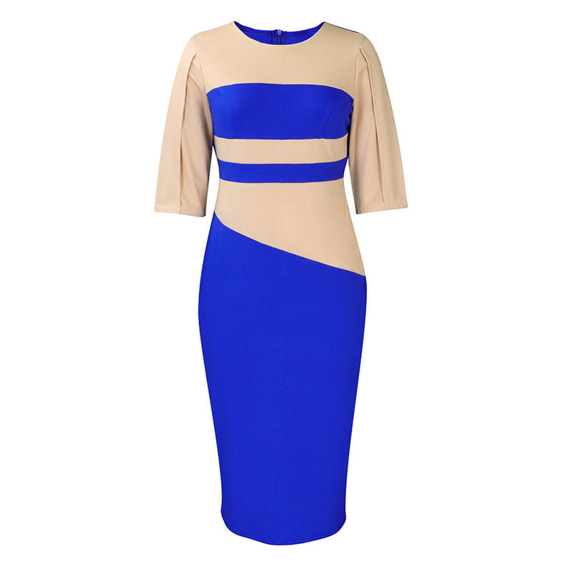 Versatile Crew Neck Half Sleeve Contrast Color Panel Bodycon Midi Dress