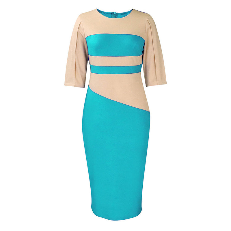 Versatile Crew Neck Half Sleeve Contrast Color Panel Bodycon Midi Dress