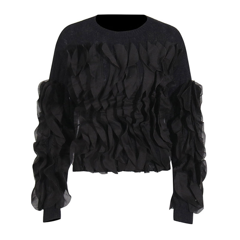 Versatile Crew Neck Layered Ruffle Long Sleeve Chunky Ribbed Knit Sweater