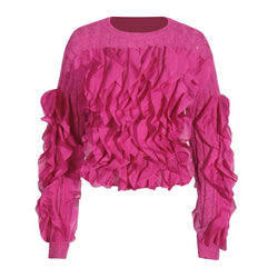 Versatile Crew Neck Layered Ruffle Long Sleeve Chunky Ribbed Knit Sweater