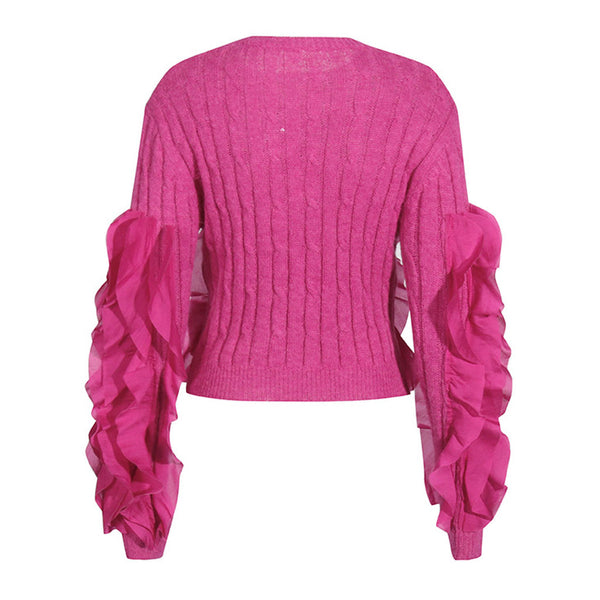 Versatile Crew Neck Layered Ruffle Long Sleeve Chunky Ribbed Knit Sweater