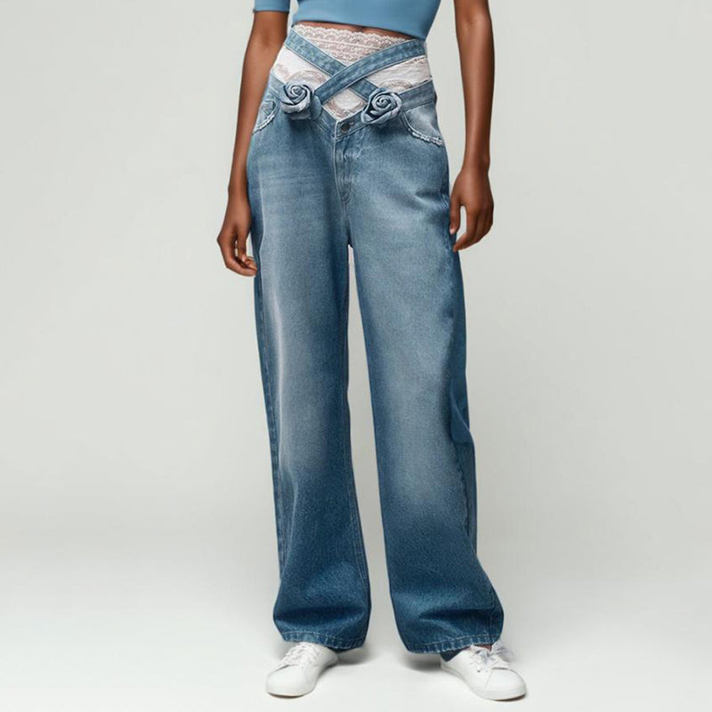 Versatile Criss Cross Rosette Applique High Waist Wide Leg Jeans