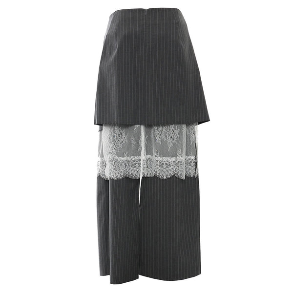 Versatile High Waist Lace Detail Skirt Overlay Pinstripe Pant Matching Set