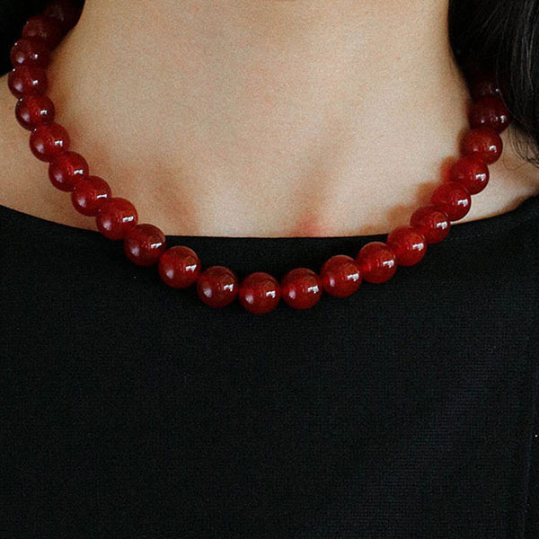 Vintage 18K Gold Plated Big Red Onyx Round Bead Choker Necklace