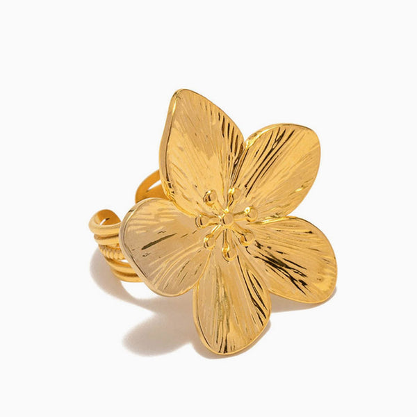 Vintage 18K Gold Plated Statement Oversized Flower Open Cuff Ring