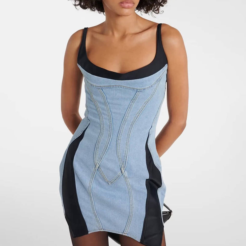 Vintage Bicolor Scoop Neck Pointed Bodycon Hybrid Denim Mini Sundress