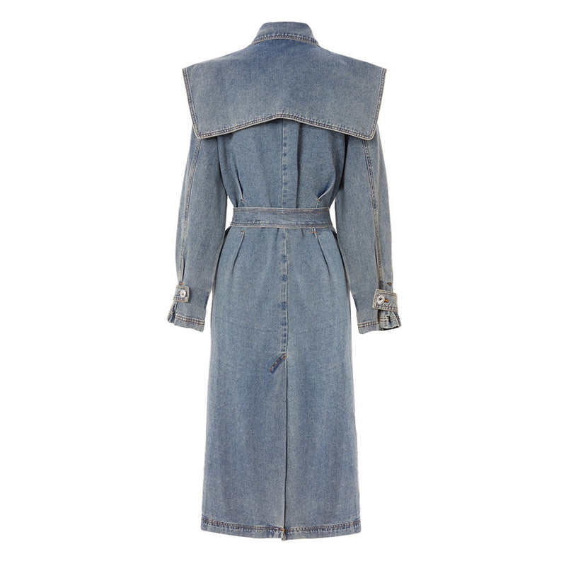 Vintage Buttoned Collar Belted Double Breasted Worn In Effect Denim Trench Coat