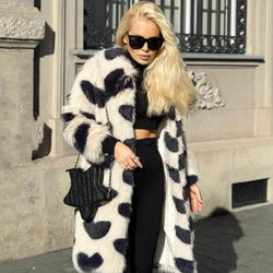 Vintage Collared Long Sleeve Contrast Heart Pattern Faux Fur Coat