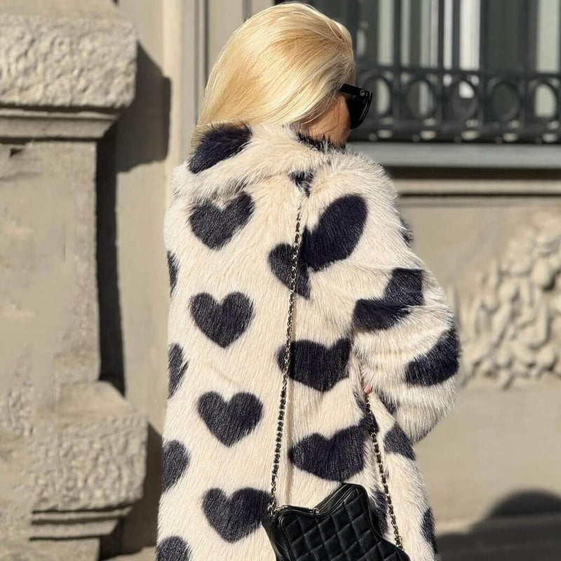 Vintage Collared Long Sleeve Contrast Heart Pattern Faux Fur Coat