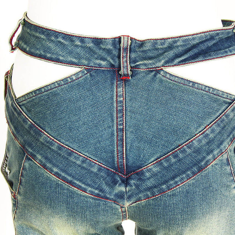 Vintage Crossover Belt Cutout High Waist Double Zip Ruched Flare Denim Jeans