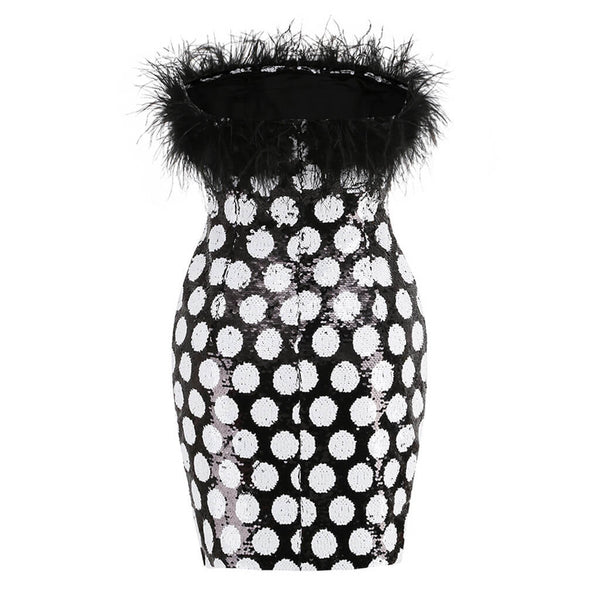 Vintage Feather Trim Strapless Black and White Polka Dot Sequin Mini Dress